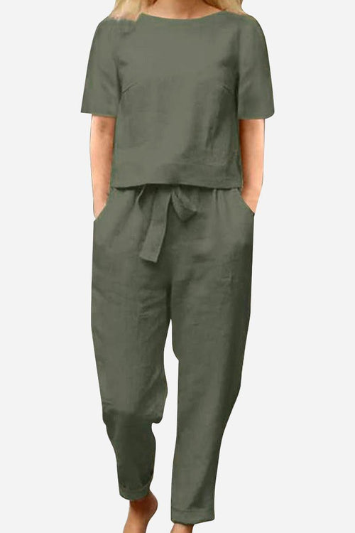 Women's cotton-linen blend monochrome two-piece set with short sleeves and relaxed pants in olive green