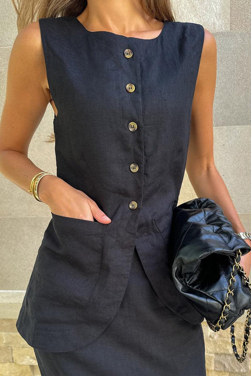 Sleeveless black cotton-linen blend vest with button front and pockets in a two-piece outfit