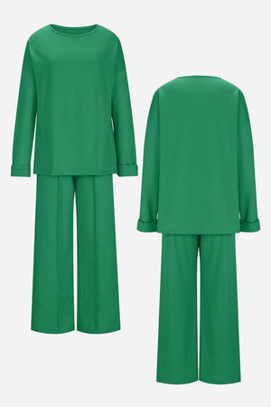 Green relaxed fit two-piece set with wide-leg pants and long sleeve top shown from front and back.