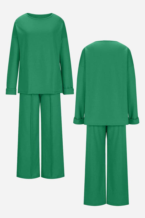 Green relaxed fit two-piece set with wide-leg pants and long sleeve top shown from front and back.