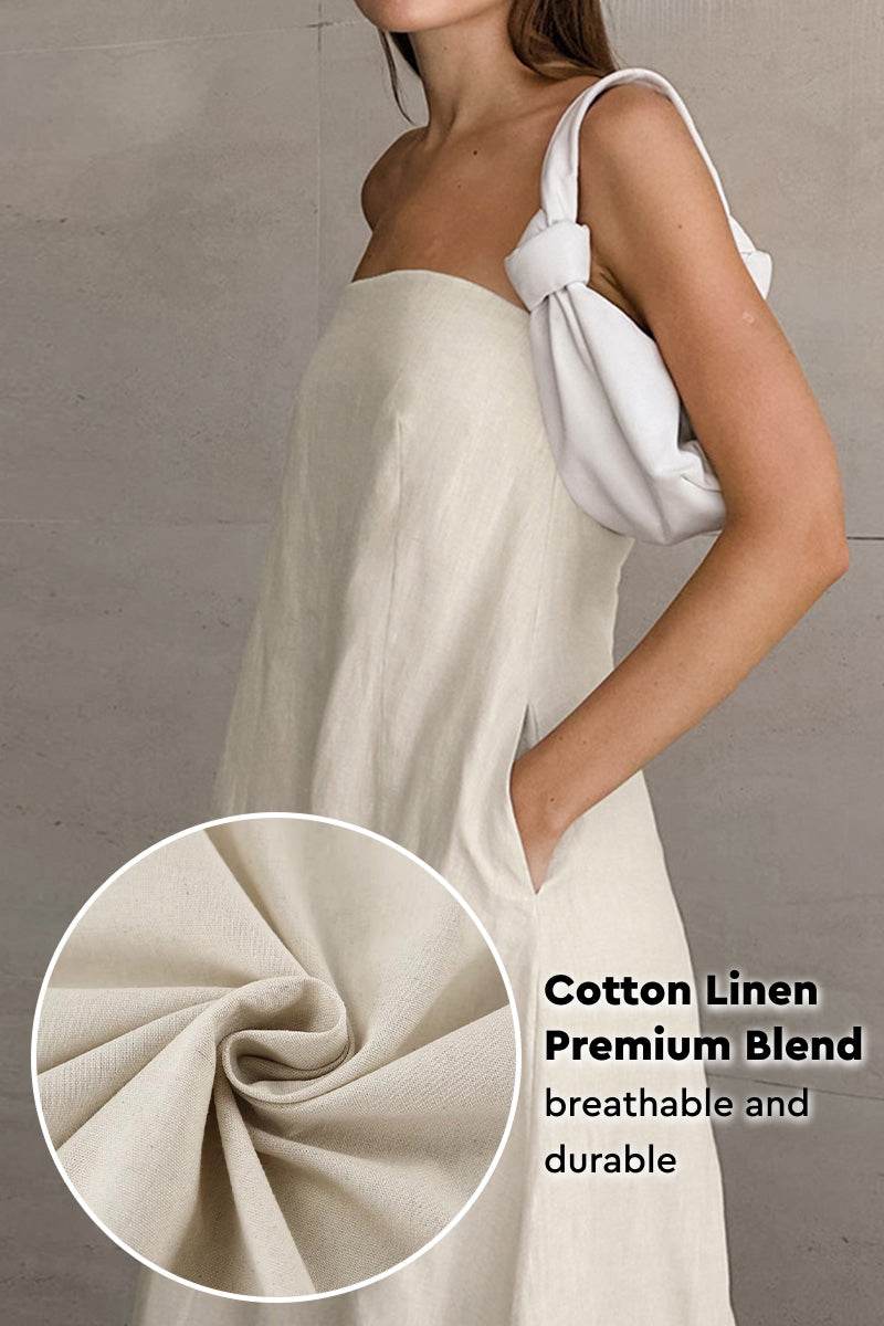 Woman wearing beige strapless dress made of breathable cotton linen blend fabric