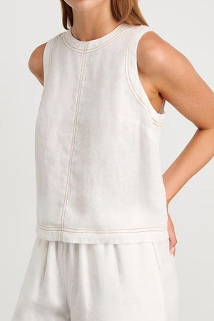 Cotton-linen relaxed back-slit two-piece set in white with sleeveless top and wide-leg trousers