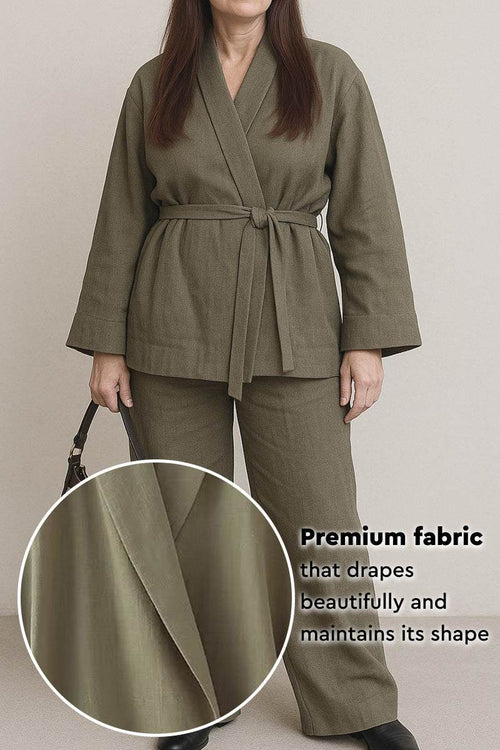 Women wearing olive green Mix-Match Lounge-to-Travel Set with belted top and wide-leg pants in premium polyester fabric