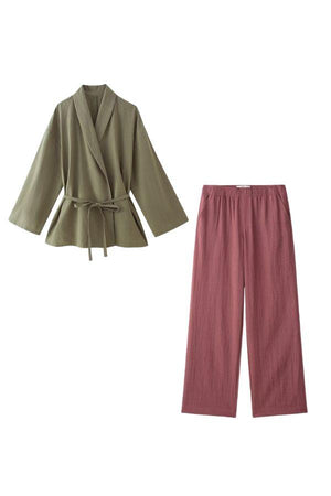 Mix-match lounge-to-travel set with olive wrap top and dusty rose wide-leg pants for versatile, comfortable style.