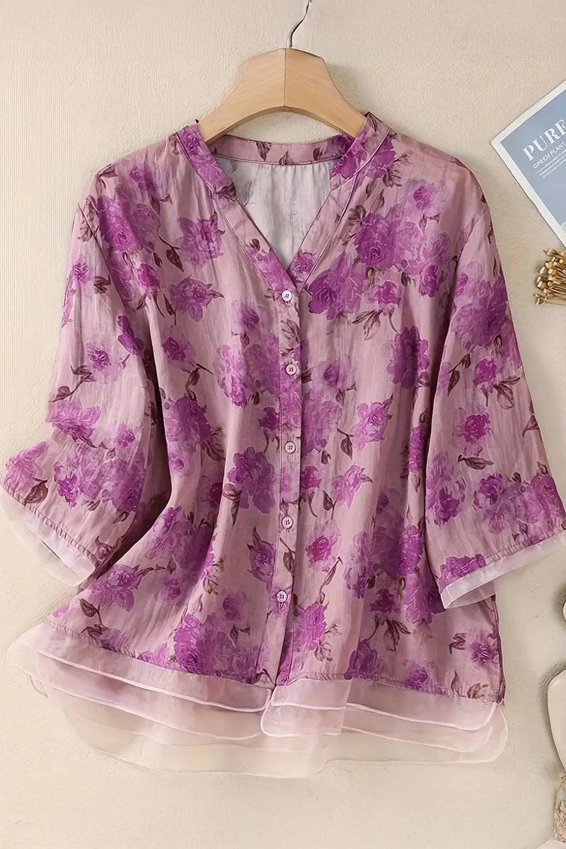 French boutique style organza floral print blouse with lightweight, breathable fabric and elegant purple flowers