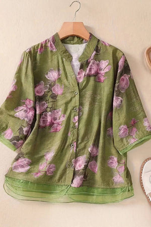 French boutique style organza floral print blouse with lightweight, breathable fabric in green and pink hues