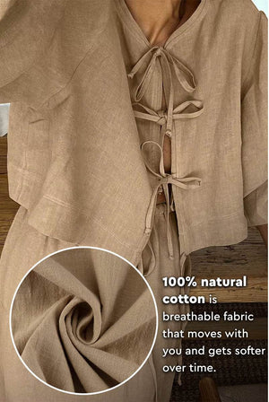 100 cotton long-sleeve crop top and maxi skirt set in breathable natural fabric with tie-front detail