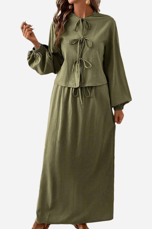 Olive green 100% cotton long-sleeve crop top and maxi skirt set with tie-front detail