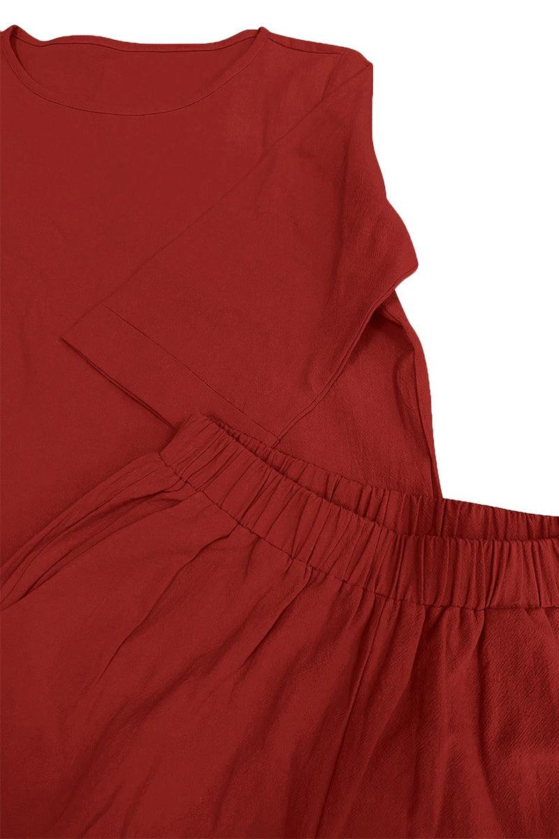 Red 100% cotton two-piece set with round neck top and wide-leg pants for all-day comfort and breathability