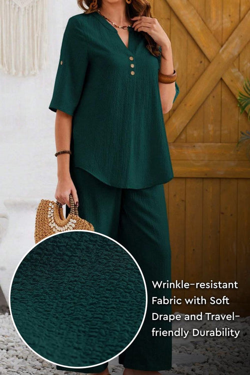 Wrinkle-Free Wide Leg & Top Set in dark green wrinkle-resistant fabric with soft drape, travel-friendly wide-leg pants and button-front top.