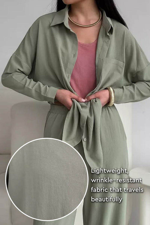 Lightweight wrinkle-resistant wide-leg two-piece set in muted green for travel and casual wear