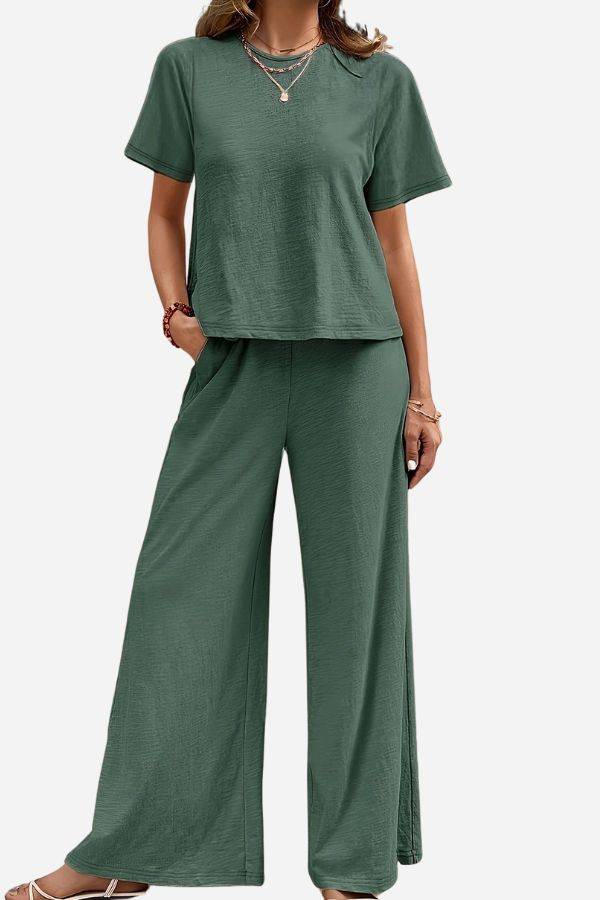 Riviera Relaxed Two Piece Set comfortable green short sleeve top and wide-leg pants for travel and casual wear