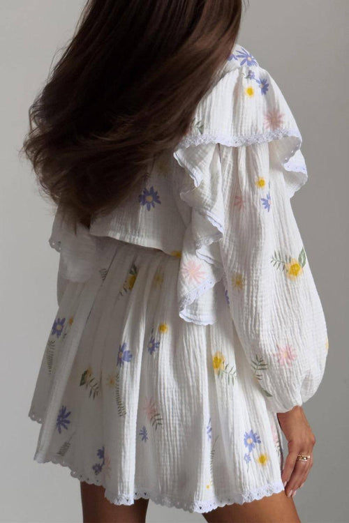 Sweet Countryside 100 Cotton ruffled two-piece set with floral print and breathable cotton fabric