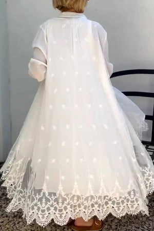 Back view of Villa Breeze Dress and Cardigan Set featuring delicate lace trim and flowing lightweight fabric