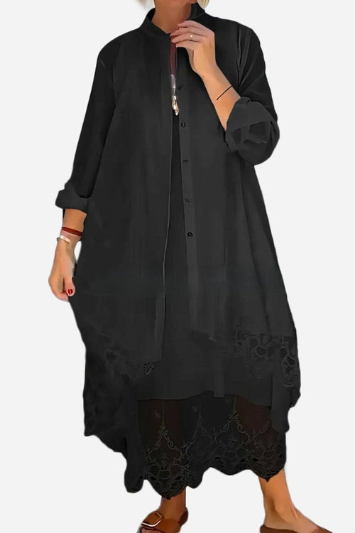 Black Villa Breeze Dress and Cardigan Set with lace trim, long sleeves, and relaxed fit for elegant occasions and travel