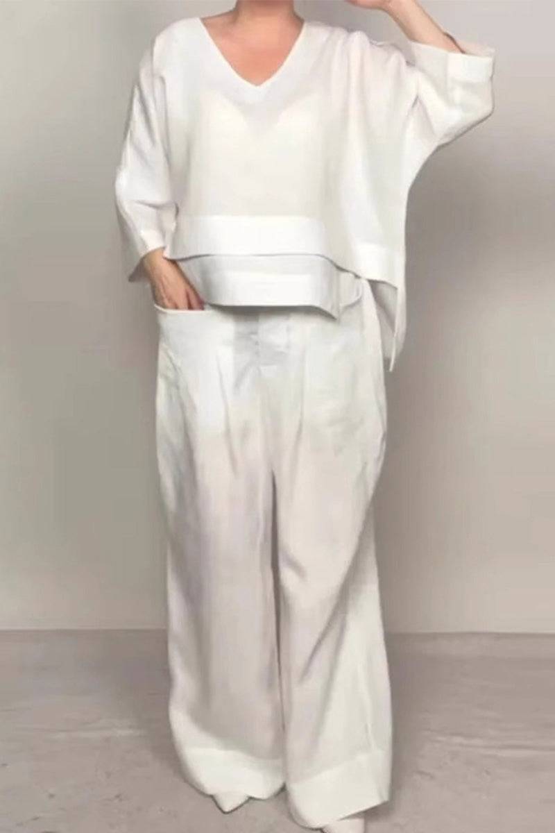 Atelier Serenity Layered Two-Piece Set white relaxed fit V-neck top and wide-leg trousers breathable polyester fabric