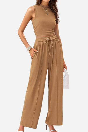 Woman wearing brown Stroll & Hangout Ribbed Knit sleeveless top and wide-leg pants two-piece set with drawstring waist.