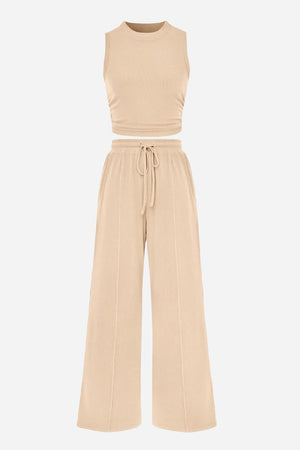 Stroll & Hangout Ribbed Knit beige sleeveless top and wide-leg pants two-piece set