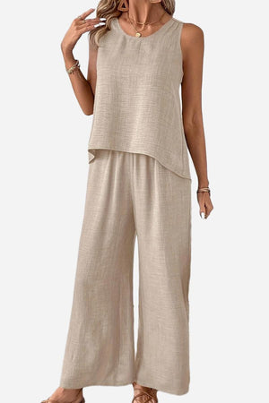 Dreamcatcher Crochet-Back two-piece set with sleeveless top and wide-leg pants in linen-look fabric