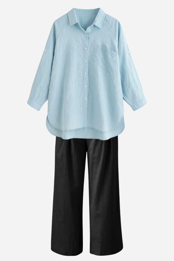 Linen Breeze Set breathable linen-cotton blend light blue shirt with black pants summer outfit