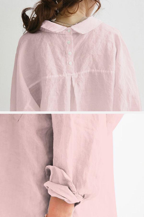 Pink Linen Breeze Set with breathable linen-cotton blend shirt and high-waist pants for summer comfort