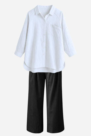 White linen-cotton blend relaxed shirt with black palazzo pants, breathable summer Linen Breeze Set.