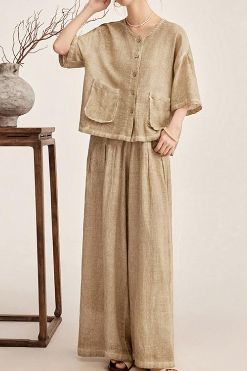 100% linen stone-washed beige breezy two-piece set with button-up top and wide-leg pants