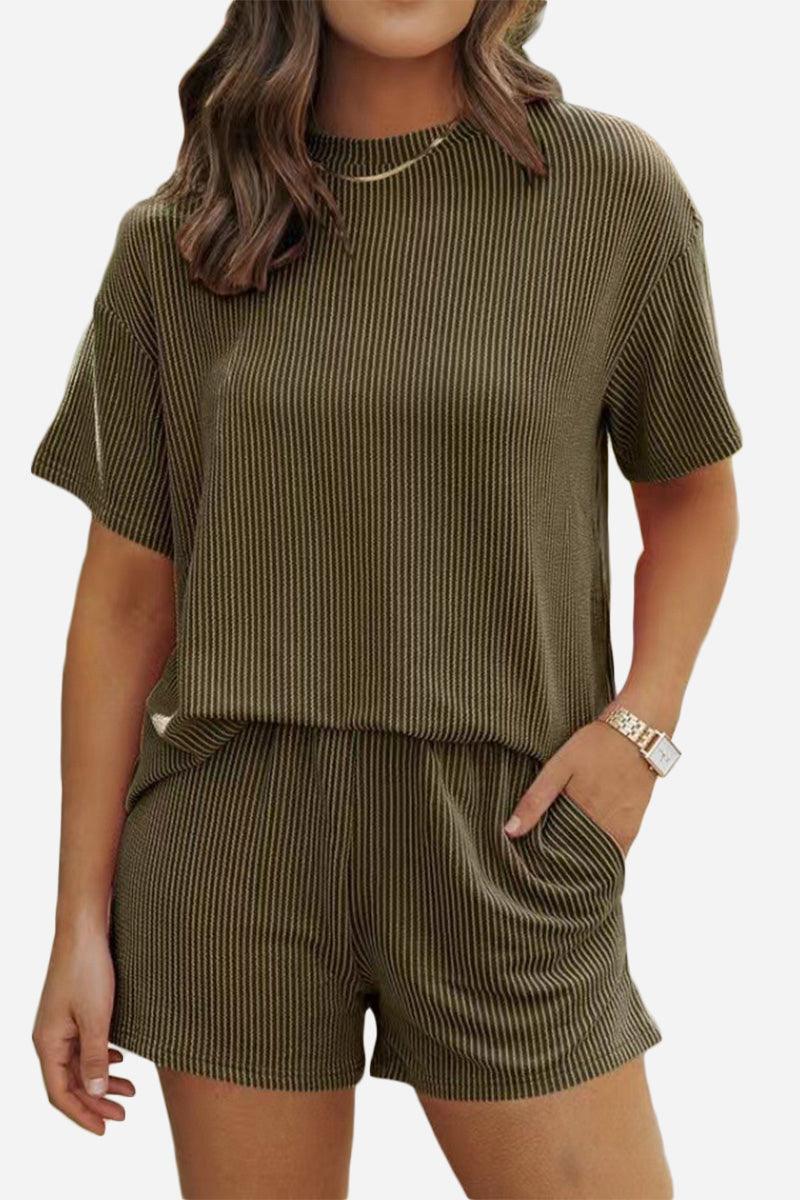Women's relaxed fit ribbed polyester short sleeve top and shorts set for slow mornings in olive green