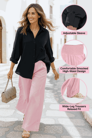 Woman wearing Oversized Linen Leaved-IN Set with black oversized linen-blend shirt and pink high-waisted wide-leg palazzo pants walking on street