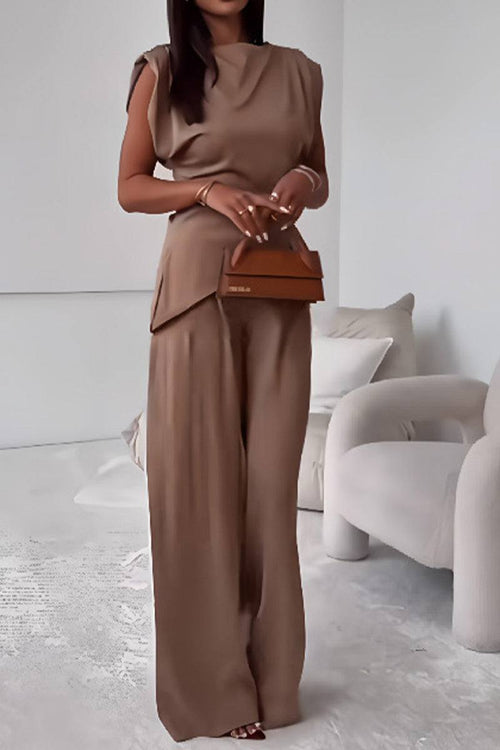 Manhattan Lines Draped two-piece set with asymmetrical sleeveless top and wide-leg pants in brown