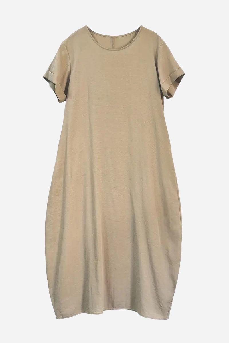 Beige Breeze Cocoon Dress with rolled sleeves and deep side pockets in relaxed silhouette