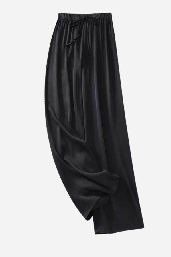 Black Subtle Moves Silk Wide Leg Trousers with high waist and soft drape