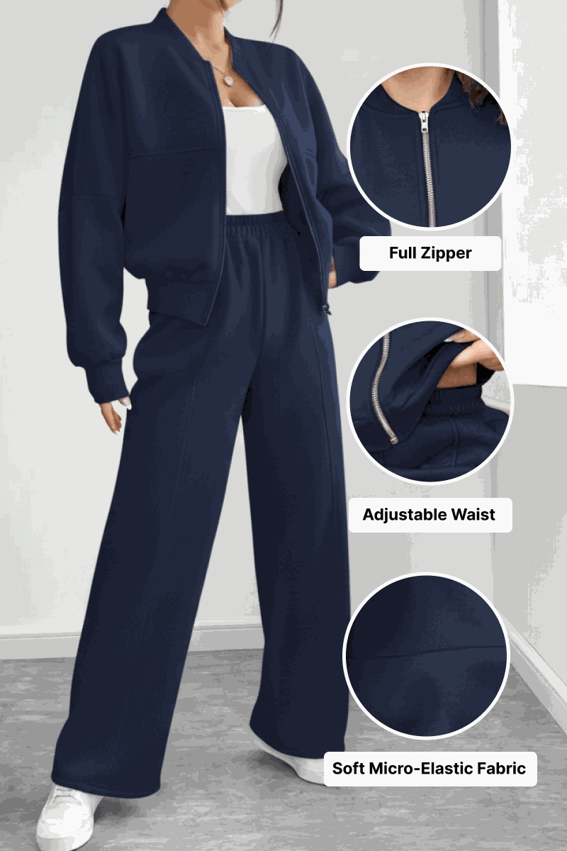 The Voyager Zip Set navy blue two-piece zip-front sweatshirt and wide-leg joggers with adjustable waist and soft elastic fabric