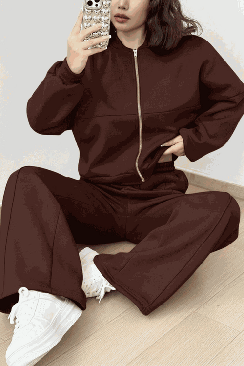 The Voyager Zip Set brown zip-front sweatshirt and wide-leg joggers travel outfit for women