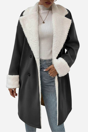 Nordic Warmth Shearling-Lined Coat black with white faux shearling trim, double-breasted, cozy and lightweight travel coat for women