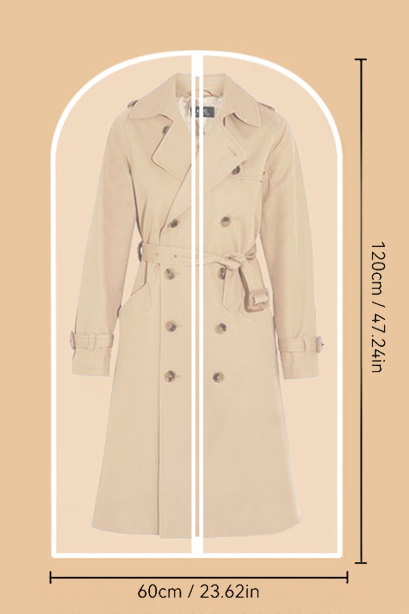 Waterproof dustproof clothing cover protecting a beige trench coat with full-length zipper and dimensions 60cm by 120cm