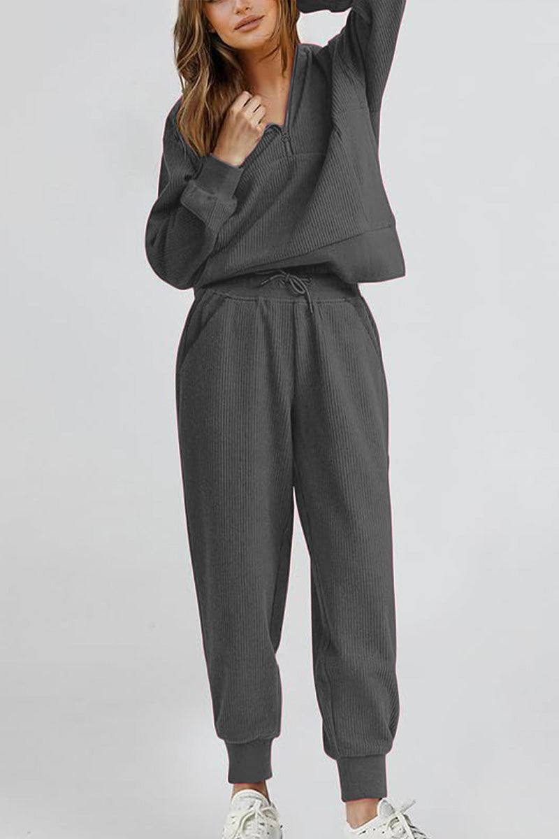 Unisex half-zip pullover and sweatpants set in dark gray, lightweight polyester blend for casual wear and comfort