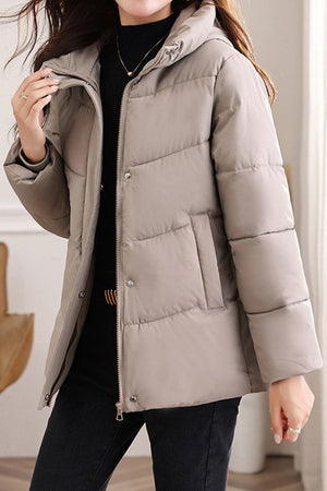 Lightweight Everyday Warmth Coat mid-length hooded insulated jacket in beige with zip and snap closure