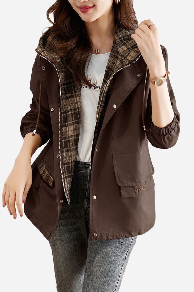 Women's City Explorer Plaid Windbreaker with brown wind-resistant shell and soft plaid cotton lining