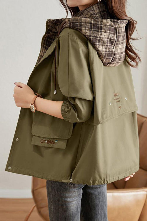 City Explorer Plaid Windbreaker with olive green wind-resistant shell and plaid-lined hood, perfect lightweight jacket for women.