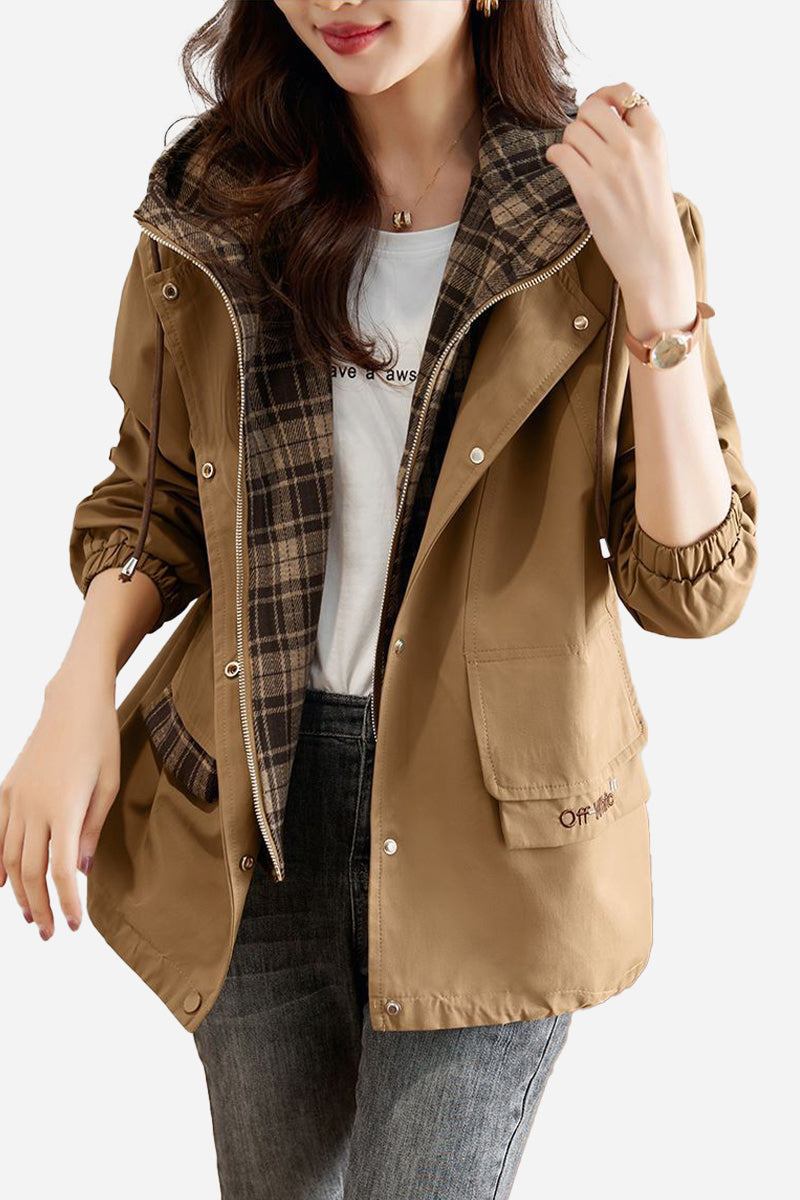 Women's City Explorer Plaid Windbreaker jacket with brown wind-resistant shell and plaid cotton lining, featuring elasticated cuffs, adjustable hood, and front flap pockets.