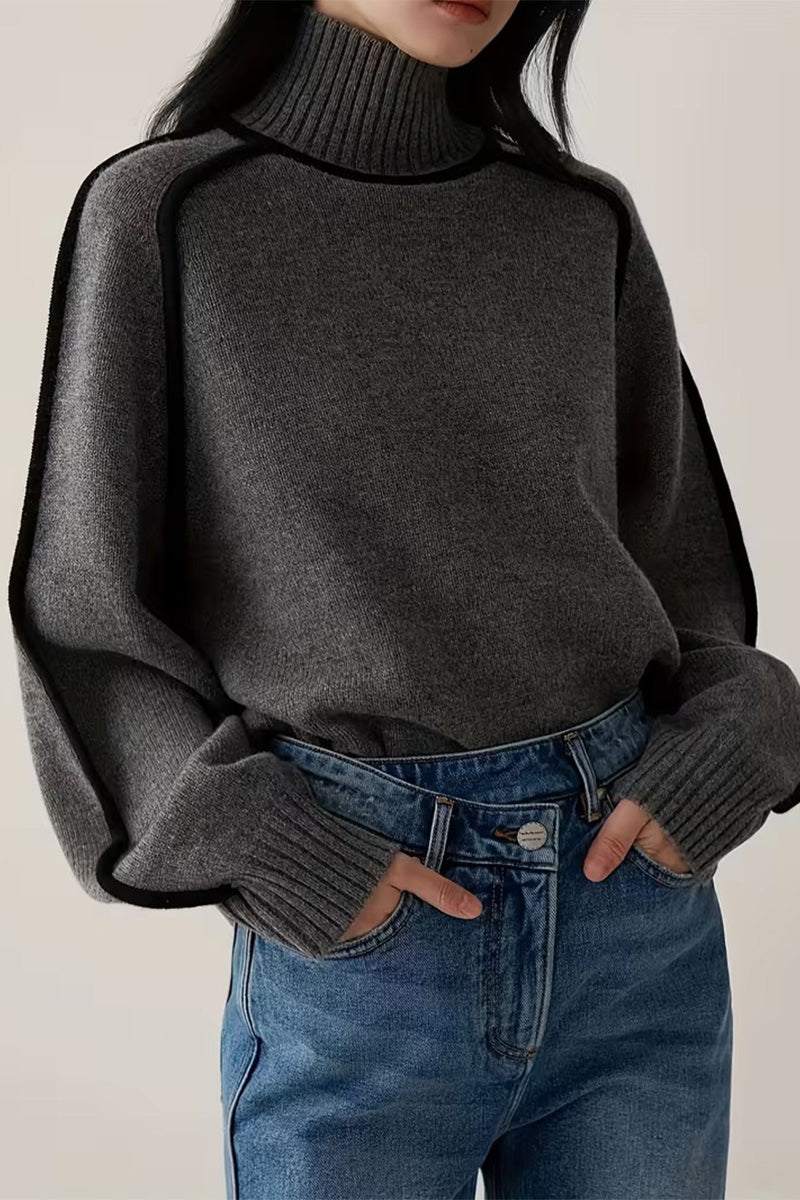 Zero Itch Turtleneck Sweater soft knit with slimming contrast trim and relaxed modern fit in dark grey
