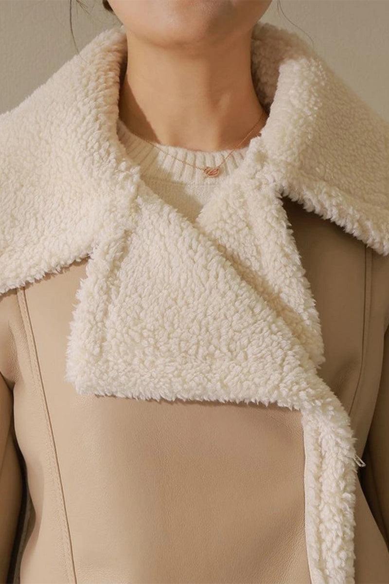 Cropped faux leather sherpa jacket with cream sherpa collar and trim, soft lined for warmth and style