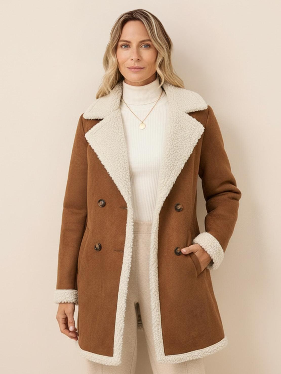 Relaxed mid-thigh faux suede sherpa coat with contrast trim and side pockets for transitional weather