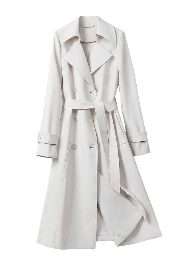 Timeless Retro Belted Trench Coat in light beige with double-breasted design and adjustable waist belt