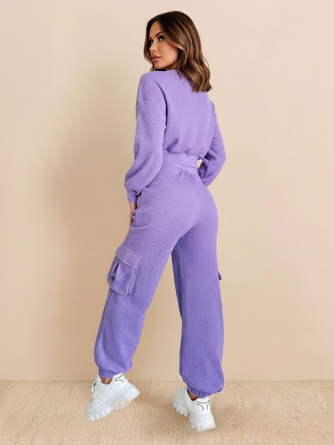Woman wearing lavender cotton waffle knit set with cargo pockets and elastic cuffs