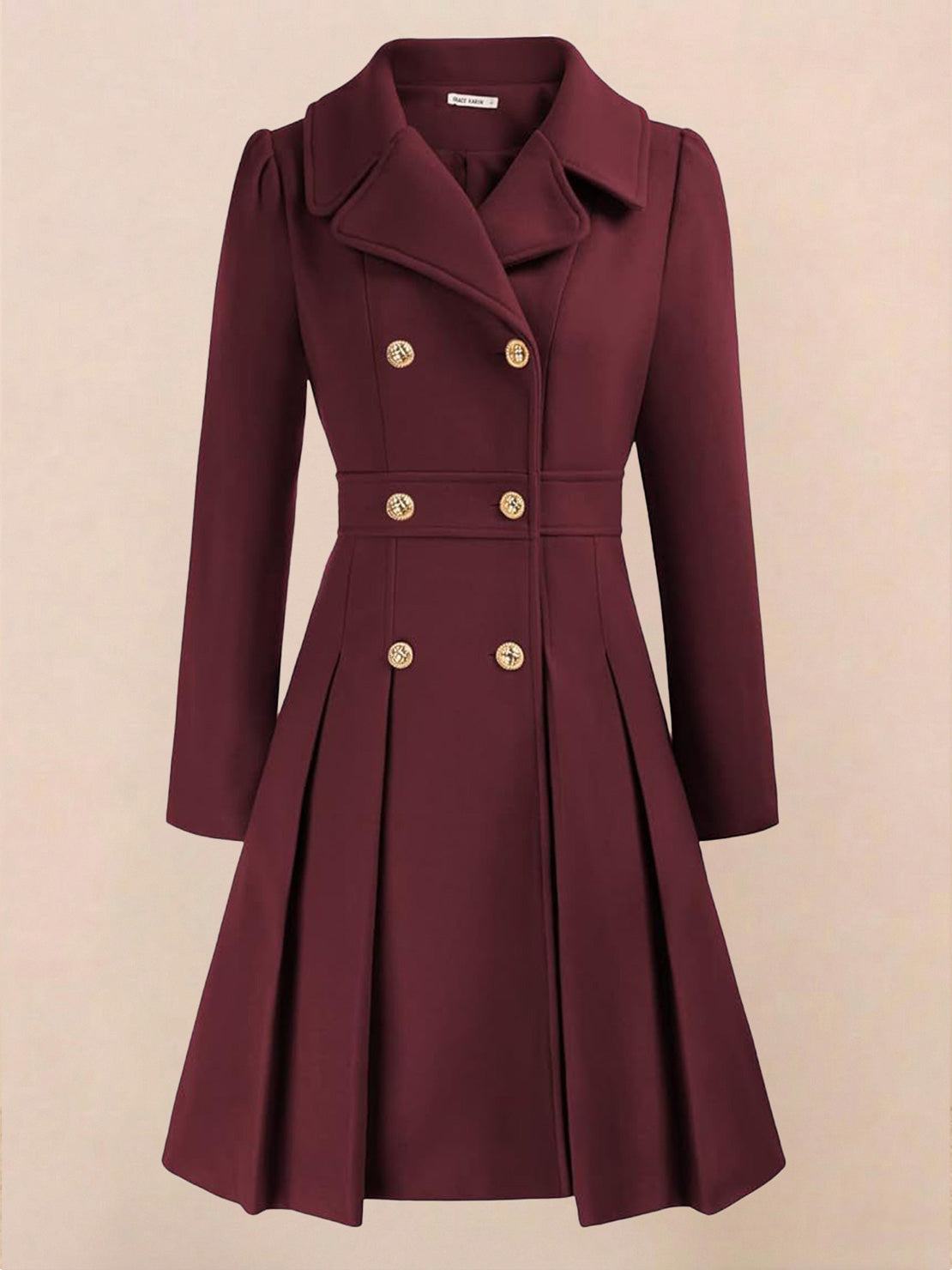Tailored fit and flare trench coat with double-breasted buttons and pleated hem in non-wool fabric