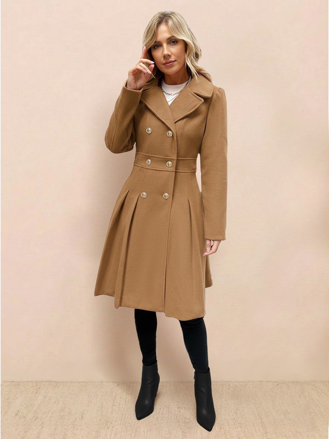 Tailored fit and flare trench coat with double-breasted buttons and pleated hem in non-wool fabric