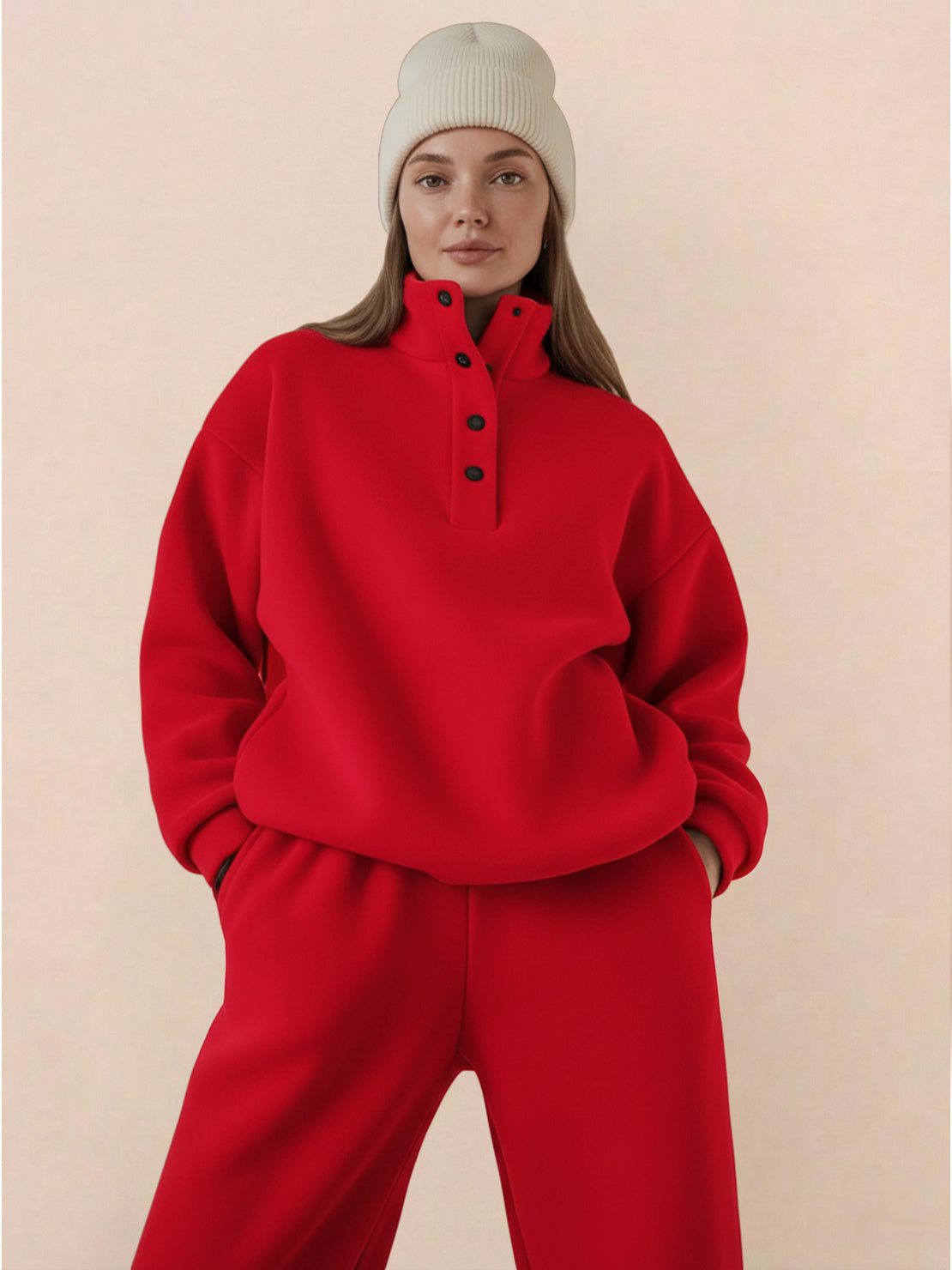 Woman wearing red Warm & Easy Two-Piece Set with pullover hoodie and matching pants