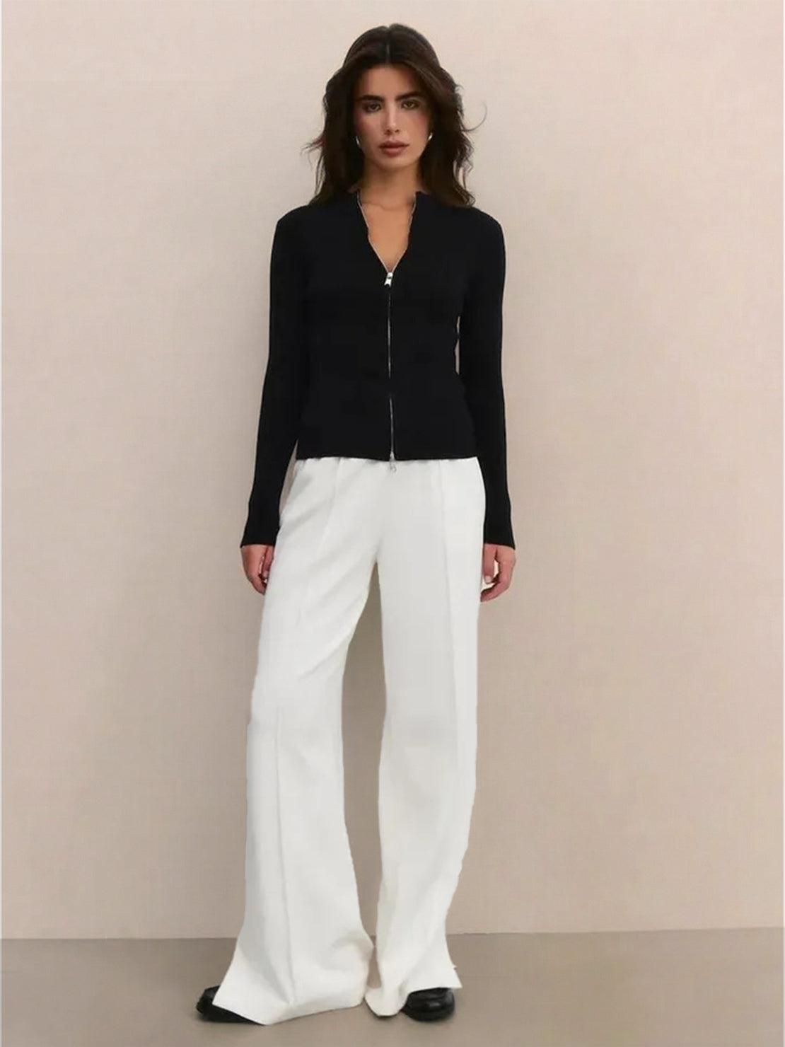 Women's zip-up knit cardigan jacket with vertical ribbing and high neckline